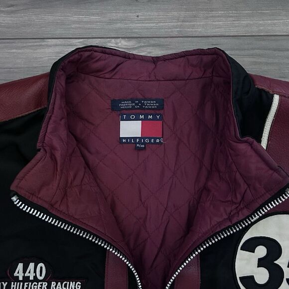 Vintage Tommy Hilfiger Racing Motorcycle Jacket Patches Men's XL Black Nylon - Picture 7 of 13
